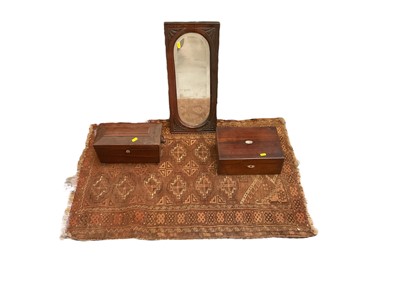 Lot 728 - Rosewood tea caddy in the form of a sarcophagus together with a writing slope, a carved mahogany mirror approximately 25cm x 56cm and a eastern rug