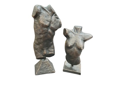 Lot 441 - Pair of bronzed sculptures in the from of male and female torso's, the largest 28.5cm in height. (2)