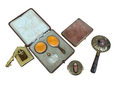 Lot 247 - Miniature enamelled dressing table set, cased, onyx snuff box, Chinese mirror, other vertu items
