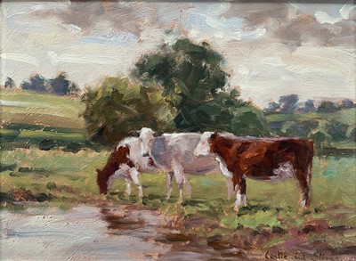 Lot 153 - Leslie Stones (contemporary) oil on board, two cattle studies