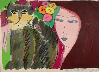 Lot 155 - Wallase Ting (1929-2010) print in colours, woman and cat, signed and dated '85