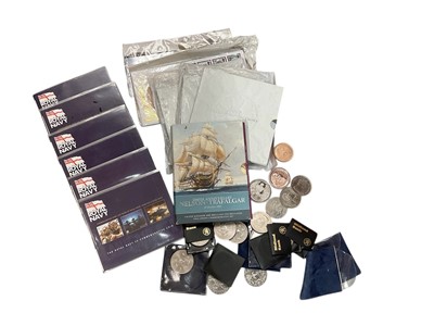 Lot 442 - Group of mixed GB coins to include Royal Navy £5.00 coins, crowns and other Commemorative coins (1 box).