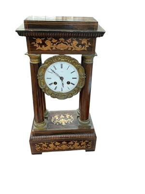 Lot 447 - French rosewood portico mantel clock with inlaid decoration.