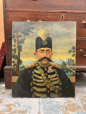 Lot 882 - Oil on canvas portrait of a Qajar monarch, 60cm x 50cm
