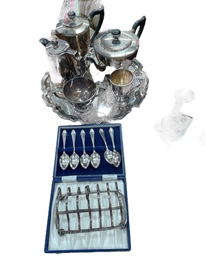 Lot 457 - Silver plated four piece tea set, silver plated salver, hot water pot from Butlins, toast rack and teaspoons.