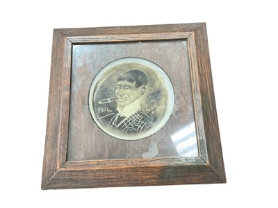 Lot 912 - Unusual Edwardian drawing on porcelain of Phil May, by Tom Brown, Newcastle - On - Tyne, 12th April 1902, label verso.