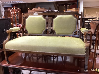 Lot 1300 - Victorian inlaid rosewood salon sofa with green upholstery, 135cm wide, 92cm high