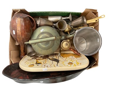Lot 475 - Group of mixed silver plate, copper wares including a graduated set of pans, trays and sundries (1 box).