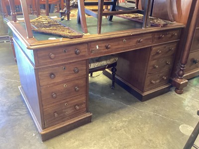 Lot 1308 - Victorian mahogany twin pedestal desk with lined top and nine drawers, 152cm wide, 81cm deep, 79cm high