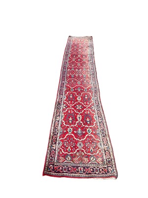 Lot 1323 - Eastern red, blue and cream runner, 423cm x 72cm