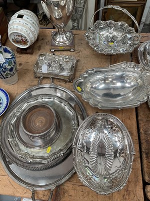 Lot 42 - Group of Old Sheffield Plate and similar, including a samovar, inkstand, salvers, trays, wine coasters, and three baskets