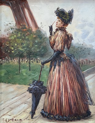 Lot 195 - French School mid-20th century, oil on board, an elegant lady standing by the Eiffel Tower Paris, indistinctly signed, in gilt frame. 25 x 19cm.