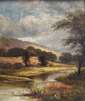 Lot 196 - H. Bond, oil on canvas, late 19th century of a country scene, with sheep by a river, signed, in gilt frame. 34 x 29cm.