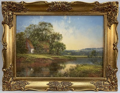 Lot 280 - Jason Threlfall, oil on canvas, "Evening Reflections", signed and inscribed verso, in gilt frame. 25 x 35cm.
