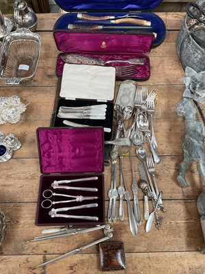 Lot 44 - Group of silver plated flatware, including a carving set, lobster picks, etc
