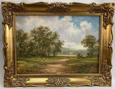 Lot 281 - Jason Threlfall, oil on canvas, "The Path to the Meadows", signed, also inscribed verso, in gilt frame. 25 x 35cm.