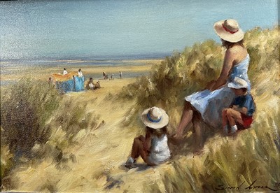 Lot 187 - Simon Chalk, oil on board, "In the Dunes Brancaster", signed and inscribed verso, in painted frame. 20 x 29cm.