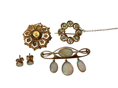 Lot 91 - Group of 15ct gold brooches to include Victorian rosette brooch, opal set wreath brooch, Art Nouveau opal brooch and a pair of opal stud earrings