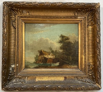 Lot 190 - Manner of Patrick Nasmyth , 19th century, oil on canvas, of a watermill by a stream, oil on canvas, in original gilt frame. 14 x 17cm.