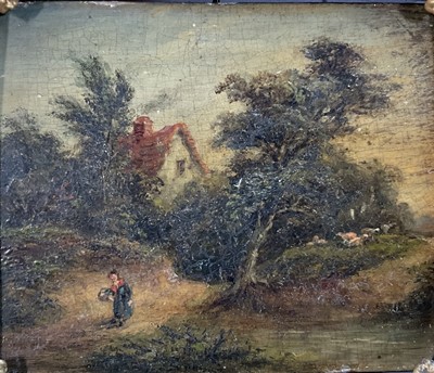 Lot 189 - English School early 19th century, oil on panel, rustic scene with a figure on a track by a stream, in gilt frame. 9 x 11cm.