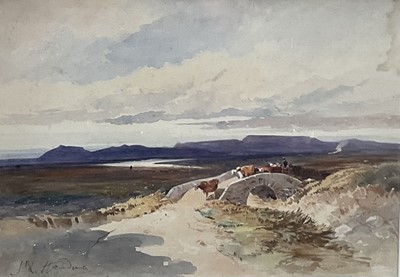 Lot 197 - James Duffield Harding (1798 - 1863) watercolour, extensive river landscape with cattle and a drover on a bridge, signed, in gilt frame. 23 x 33cm.