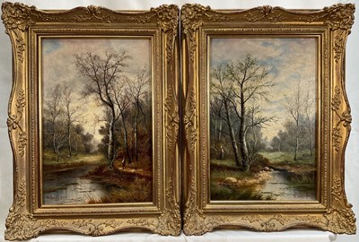Lot 284 - S. William, pair of oils on panel, Figures near a stream and silver birch trees, a both signed, in gilt frames. 32 x 22cm.                                    (2)