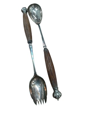 Lot 489 - Pair of Victorian novelty silver plated salad servers with horn handles and crowned VR terminals.