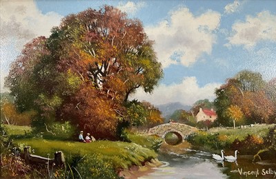 Lot 283 - Vincent Selby, oil on board, sunny scene with figures and swans by a bridge over a river signed, in gilt frame. 18 x 28cm.