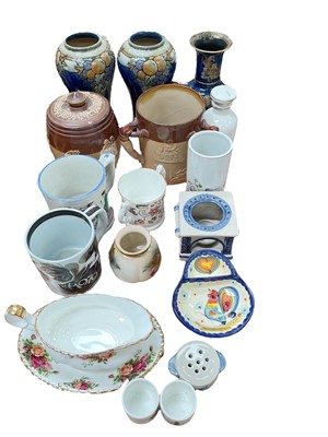 Lot 491 - Pair of Royal Doulton stoneware vases, Doulton Lambeth stoneware tyg, Royal Worcester blush vase and other ceramics.