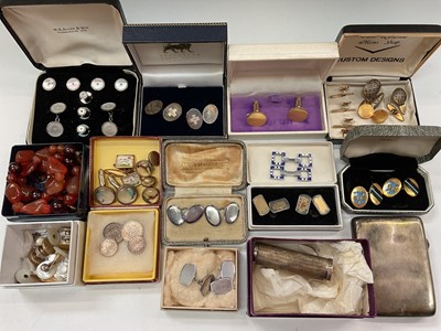 Lot 1089 - Group of silver and other cufflinks, studs etc including a pair of gold plated and enamel cufflinks, together with a silver cigarette case and silver lipstick holder