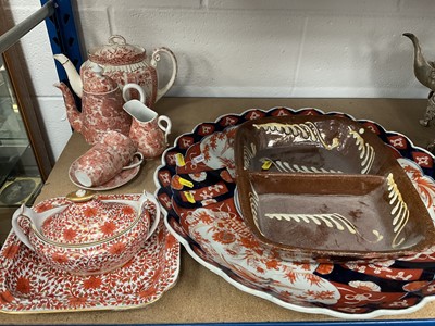 Lot 277 - Large late 19th century Imari porcelain charger, 47cm, a slip ware dish and other ceramics