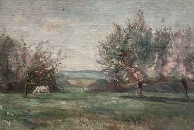 Lot 160 - Impressionist school, oil on canvas, cow in a field, 17cm x 25cm, glazed frame