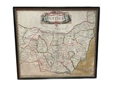 Lot 252 - 18th century hand tinted engraved map of Suffolk by Robert Morden, 36 x 41cm, in glazed frame