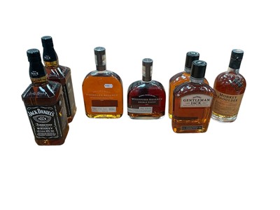 Lot 755 - Seven bottles of Whiskey including Jack Daniel's, Woodford Reserve, Monkey Shoulder