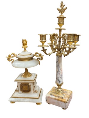 Lot 255 - Antique onyx and ormolu garniture, together with a candlestick garniture