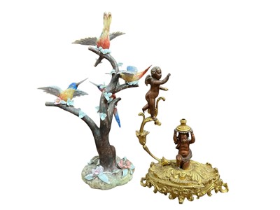Lot 257 - Decorative ormolu lamp base, together with a Portuguese porcelain bird group