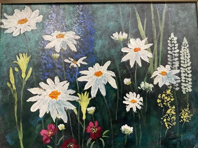 Lot 280 - Timmie Penny; Scottish school oil on panel in gilt frame, still life of flowers 'Summer border'