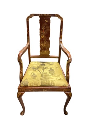 Lot 1362 - Good quality lacquered open elbow chair with chinoiserie decoration on cabriole front legs
