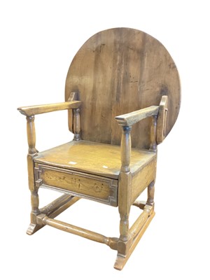 Lot 1364 - Seventeenth century style oak monks seat, 80cm wide. 58cm deep, 116cm high