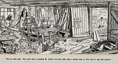 Lot 262 - Giles, signed cartoon - Edward Heath and boat builders, dated 1975, 18cm x 39cm, glazed frame