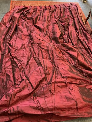 Lot 68 - Large burgundy interlined taffeta pleated curtain, 325cm drop x 192cm wide at top x 390cm at bottom