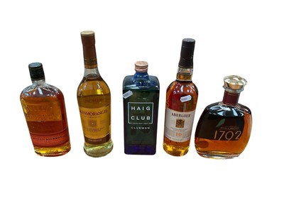 Lot 778 - Five bottles of whiskey to include Haig Club, Aberlour, Bulleit Bourbon, Glenmorangie and Small Batch 1792