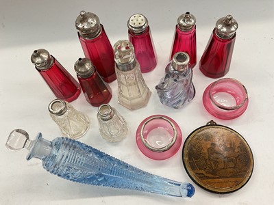 Lot 1112 - Group of silver mounted cranberry and other glass condiments/ perfume bottles etc and a French snuff box cover