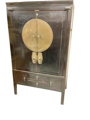 Lot 1382 - Oriental black lacquered cabinet, 103cm wide, 57cm deep, 172cm high