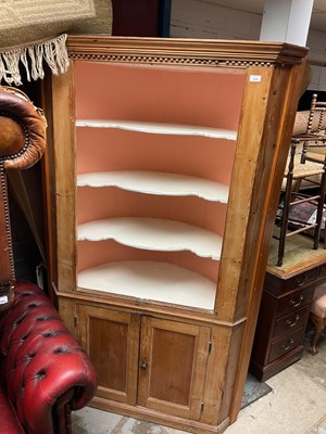 Lot 1388 - Antique pine barrel back corner cupboard with shaped shelves and cupboards below, 114cm wide, 186cm high
