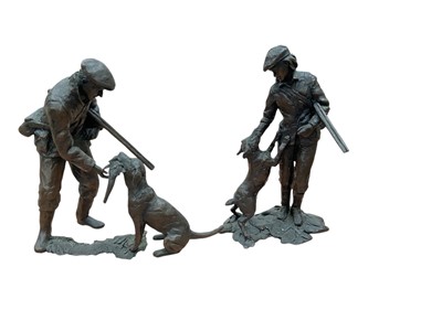 Lot 531 - Michael Simpson for Richard Cooper and Company- two limited edition bronze sculpture of gun dogs with their owners , no. 194 of 200 & 57 of 100, 12.5 & 12cm in height (2).