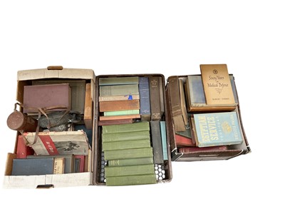 Lot 545 - Books- three boxes of mixed books to include a 1930's Royal Army Medical Corps Training Manual, together with vintage cameras.