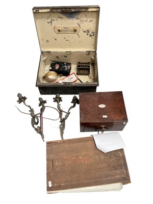 Lot 93 - Sundry items, including a 19th century rosewood work box with key and drawer, a colonial Indian tin box with label and contents, a pair of scrollwork wall lights, and a child's tea set