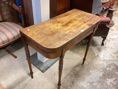 Lot 1408 - Nineteenth century mahogany card table with foldover top on turned legs, 92cm wide