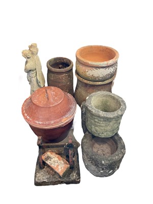 Lot 1403 - Group of concrete and terracotta garden pots and a figure.